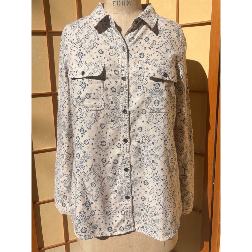 Boho Paisley Button Down Shirt Cream Blue Roll Tab Sleeve Lovestitch Small